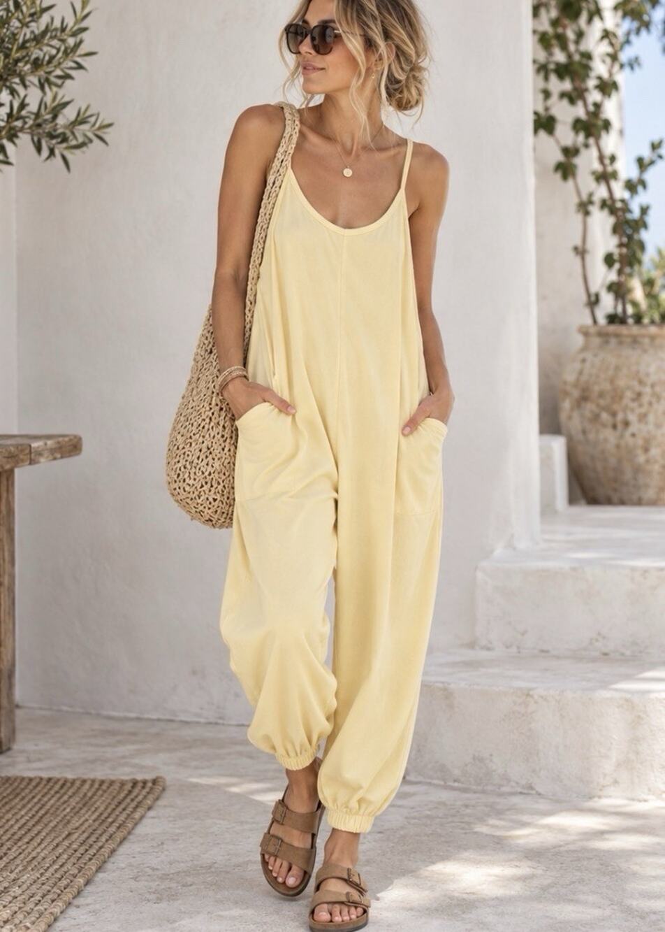 NWT Sundry Anthropologie Slouchy Jumpsuit M Butter Yellow Cotton Blend Pockets